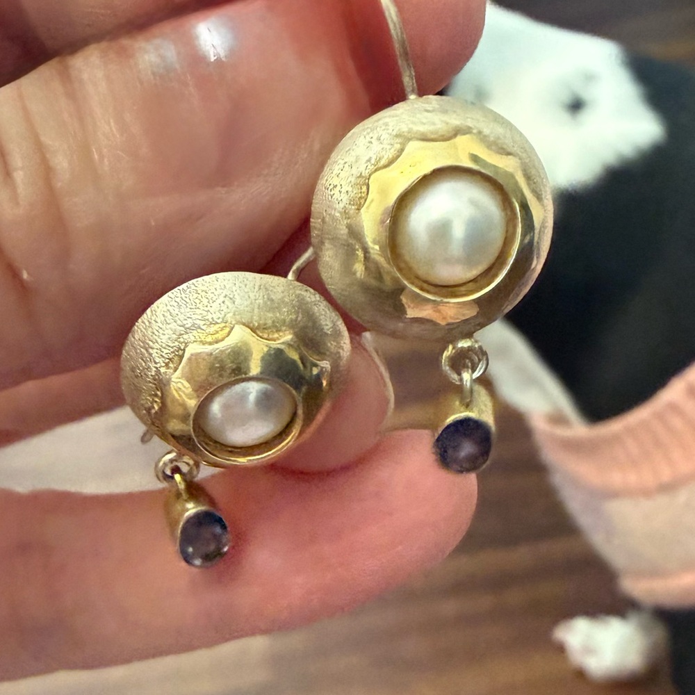 Gold and Silver Pearl Drop Earrings - Picture 3 of 6